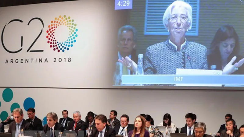 Tổng Giám đốc IMF Christine Lagarde phát biểu tại hội nghị Bộ trưởng Tài chính và Thống đốc Ngân hàng G20 ở Buenos Aires, Argentina ngày 21-7. (Ảnh: EPA-EFE/TTXVN)