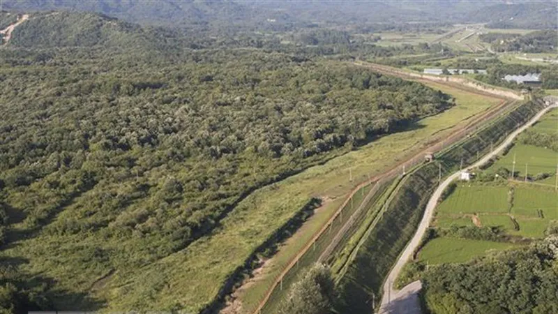 Toàn cảnh khu phi quân sự DMZ ở Cheorwon, tỉnh Gangwon, biên giới Hàn Quốc-Triều Tiên. (Ảnh: Yonhap/TTXVN)