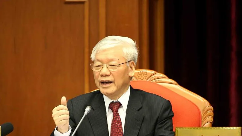  Tổng Bí thư, Chủ tịch nước Nguyễn Phú Trọng phát biểu bế mạc hội nghị Ảnh: TTXVN