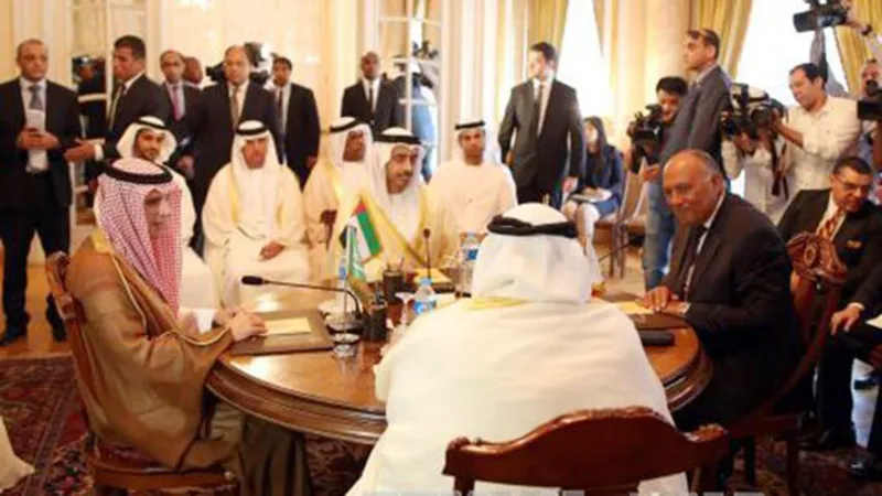 Ngoại trưởng 4 nước Arab tại cuộc họp về vấn đề Qatar ở Cairo, Ai Cập ngày 5-7. Ảnh: EPA/TTXVN