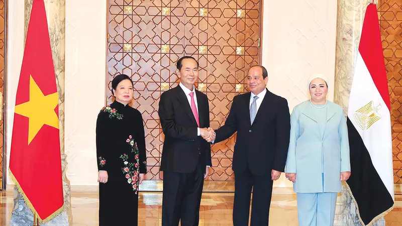 Tổng thống Ai Cập Abdel Fattah Al Sisi và phu nhân đón Chủ tịch nước Trần Đại Quang và phu nhân