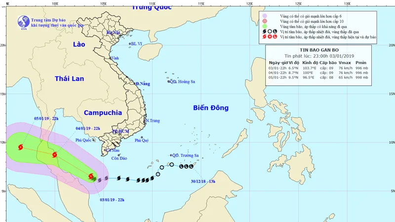 Vị trí và đường đi của bão số 1 lúc 23h ngày 3-1. Ảnh: TTDBKTTVTƯ