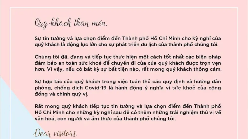 Lãnh đạo TPHCM viết tâm thư mong du khách hợp tác chống dịch Covid-19