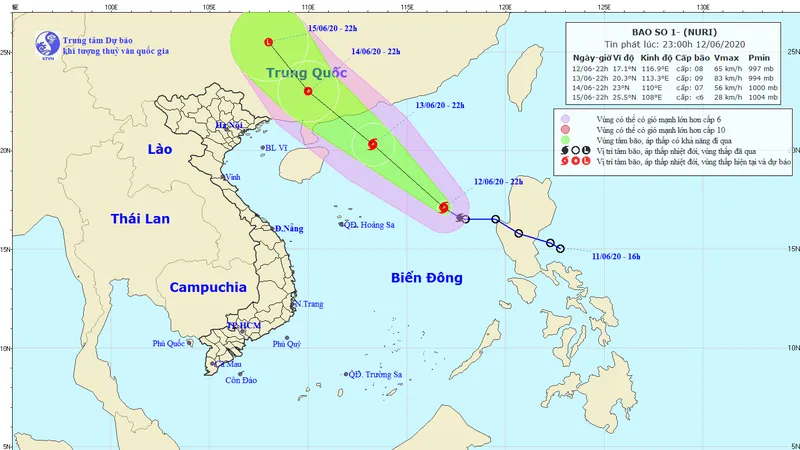 Ảnh vị trí và đường đi của cơn bão. Ảnh: Trung tâm Dự báo KTTV Quốc gia