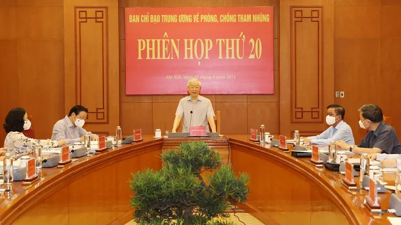 Tổng Bí thư Nguyễn Phú Trọng chủ trì phiên họp thứ 20 của Ban Chỉ đạo Trung ương về phòng, chống tham nhũng vào tháng 8-2021. Ảnh: TTXVN