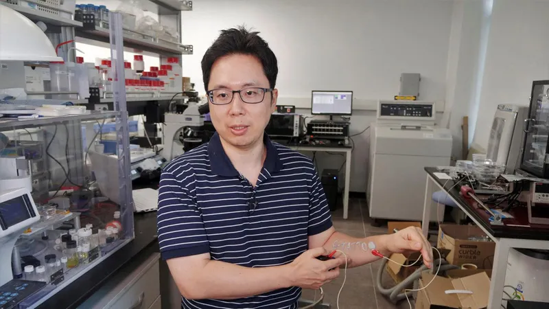 Giáo sư Steve Park trình diễn một hình xăm điện tử (e-tattoo) trên cánh tay của mình được kết nối với hệ thống theo dõi điện tâm đồ (ECG). Ảnh: Reuters