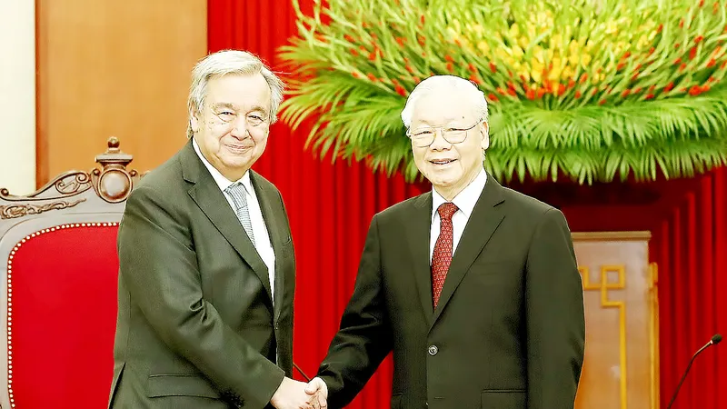 Tổng Bí thư Nguyễn Phú Trọng tiếp Tổng Thư ký LHQ Antonio Guterres. Ảnh: VIẾT CHUNG
