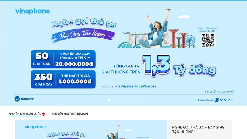 VinaPhone tặng ngay 50 GIẢI TUẦN là chuyến du lịch Singapore