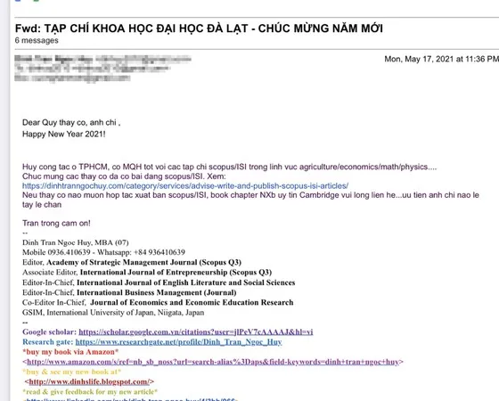 Một đầu nậu giả danh Tạp chí khoa học Đà Lạt để mời gọi đăng bài trên các tạp chí khoa học ISI/Scopus