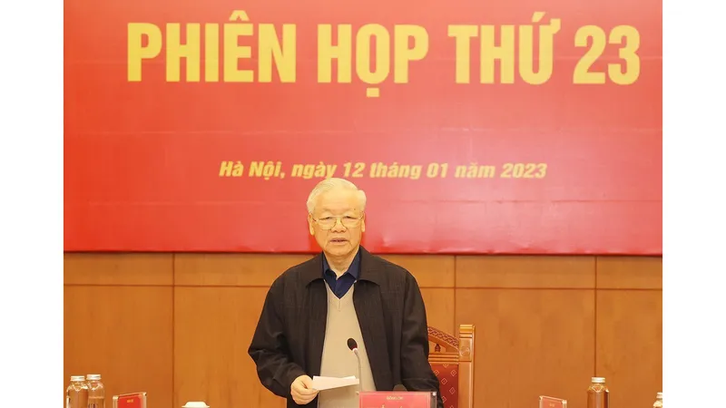 Tổng Bí thư Nguyễn Phú Trọng phát biểu kết luận cuộc họp.