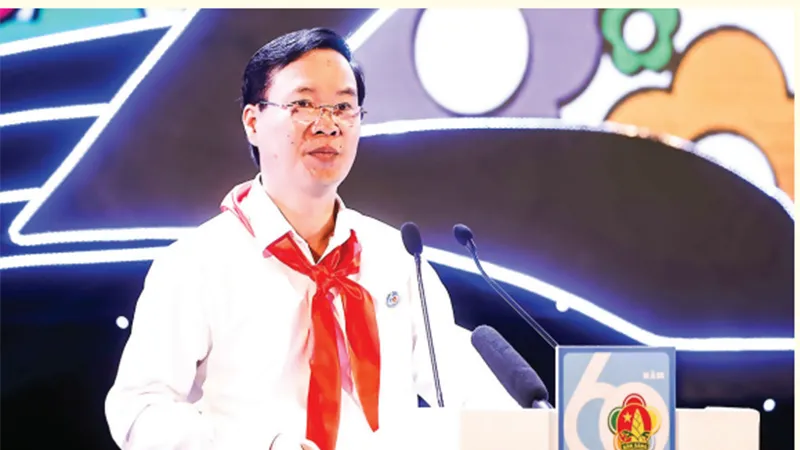 Chủ tịch nước Võ Văn Thưởng phát biểu tại Lễ kỷ niệm 60 năm phong trào “Nghìn việc tốt” và tuyên dương “Dũng sĩ nghìn việc tốt” toàn quốc. Ảnh: TTXVN