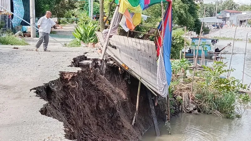 Một đoạn bờ kênh ở huyện Châu Phú, tỉnh An Giang bị sạt lở nặng vào đầu tháng 8-2023. Ảnh: QUỐC BÌNH