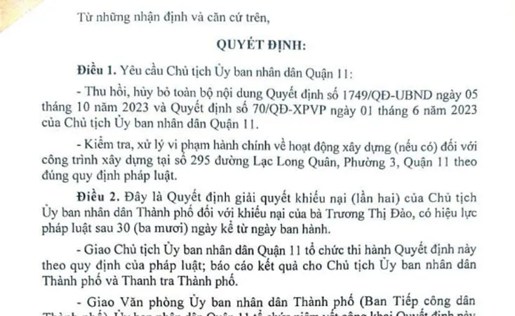 UBND quận 11 phải hủy quyết định xử phạt vi phạm hành chính vì sai thủ tục ban hành