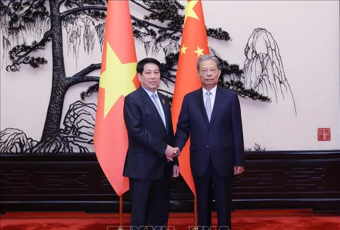 Chủ tịch nước Lương Cường hội kiến Ủy viên trưởng Nhân đại toàn quốc Trung Quốc Triệu Lạc Tế. Ảnh: Lâm Khánh/TTXVN