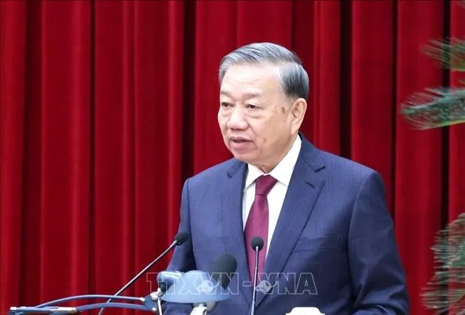Tổng Bí thư Tô Lâm phát biểu bế mạc Hội nghị lần thứ 14 Ban Chấp hành Trung ương Đảng khóa XIII. Ảnh: Thống Nhất/TTXVN