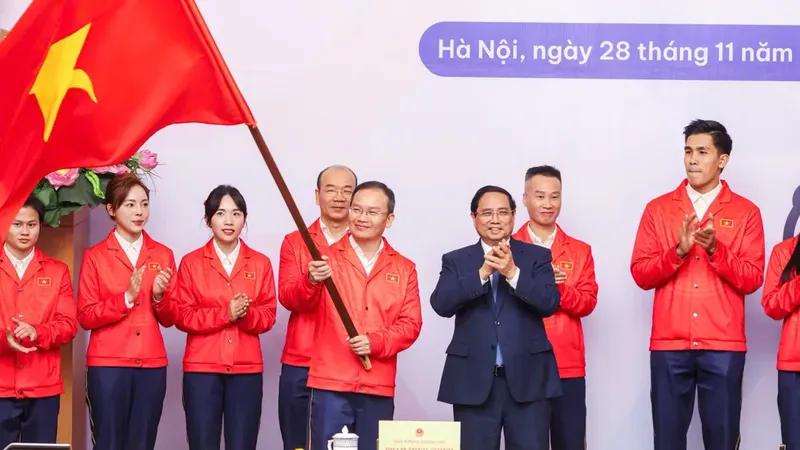 Thủ tướng Chính phủ Phạm Minh Chính chúc Đoàn thể thao Việt Nam lên đường thi đấu thành công tại SEA Games 33-2025. Ảnh: ĐOÀN TTVN