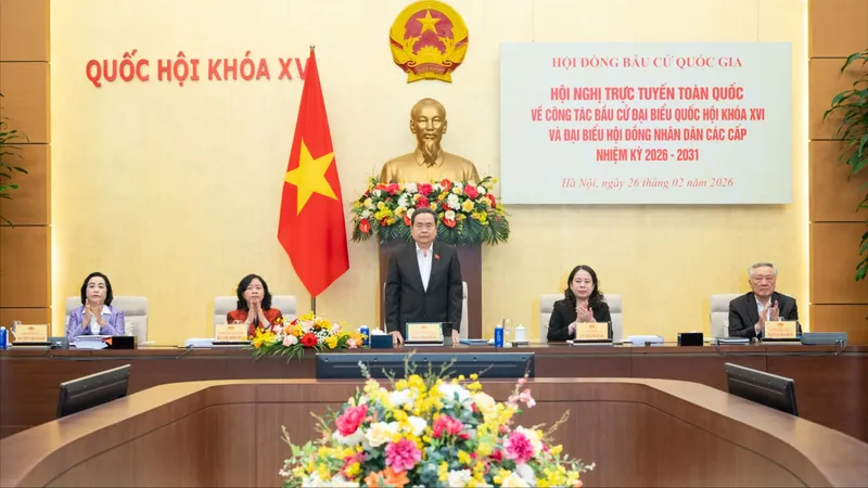 Chủ tịch Quốc hội Trần Thanh Mẫn chủ trì Hội nghị trực tuyến toàn quốc triển khai công tác bầu cử. Ảnh: QUANG PHÚC 