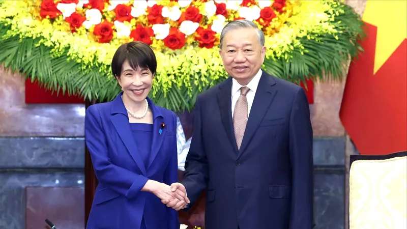 Tổng Bí thư, Chủ tịch nước Tô Lâm tiếp Chủ tịch Đảng Dân chủ Tự do, Thủ tướng Nhật Bản Takaichi Sanae ngày 2-5. Ảnh: QUANG PHÚC