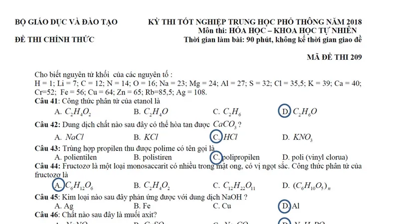 Bài giải gợi ý môn Hóa học kỳ thi THPT quốc gia 2018