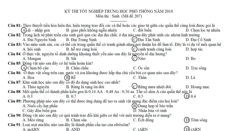 Bài giải gợi ý và nhận xét đề thi môn Sinh kỳ thi THPT quốc gia 2018