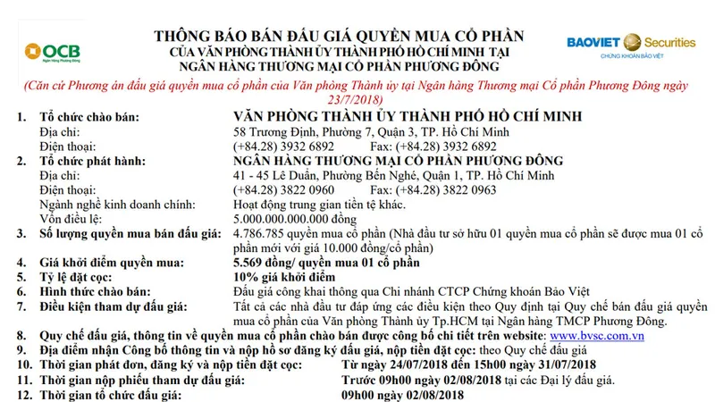 Thông báo bán đấu giá quyền mua cổ phần của Văn phòng Thành ủy TPHCM tại OCB
