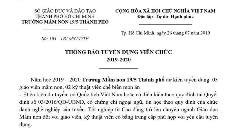 Trường Mầm non 19/5 Thành phố thông báo tuyển dụng viên chức 2019-2020