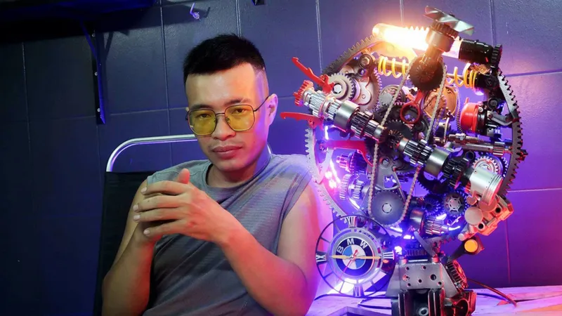 Nguyễn Tuấn Anh bên chiếc đồng hồ do anh chế tác