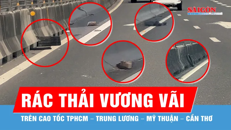 Nhiều loại rác thải trên cao tốc TPHCM - Trung Lương - Mỹ Thuận - Cần Thơ