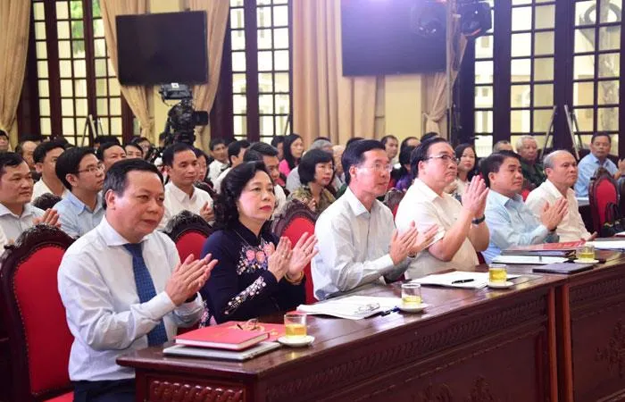 Các đại biểu dự hội nghị Hà Nội 50 năm thực hiện Di chúc của Chủ tịch Hồ Chí Minh và sơ kết 3 năm thực hiện Chỉ thị 05-CT/TƯ của Bộ Chính trị. Ảnh: VOV