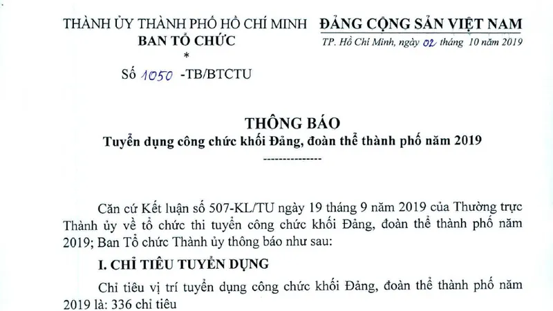 Tuyển dụng công chức khối Đảng, đoàn thể thành phố năm 2019