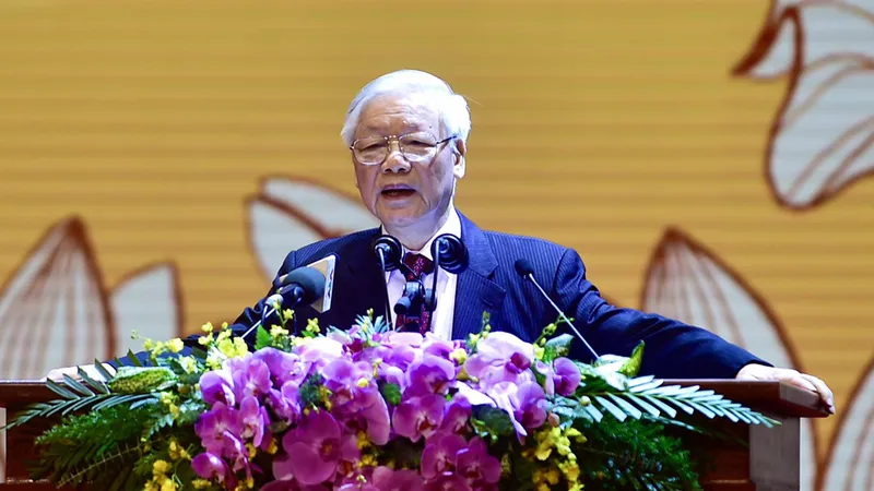 Tổng Bí thư, Chủ tịch nước Nguyễn Phú Trọng đọc diễn văn tại lễ kỷ niệm 90 năm Ngày thành lập Mặt trận Dân tộc thống nhất Việt Nam - Ngày truyền thống MTTQ Việt Nam. Ảnh: QUANG PHÚC