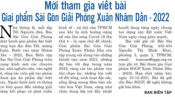 Mời tham gia viết bài Giai phẩm Sài Gòn Giải Phóng Xuân Nhâm Dần - 2022