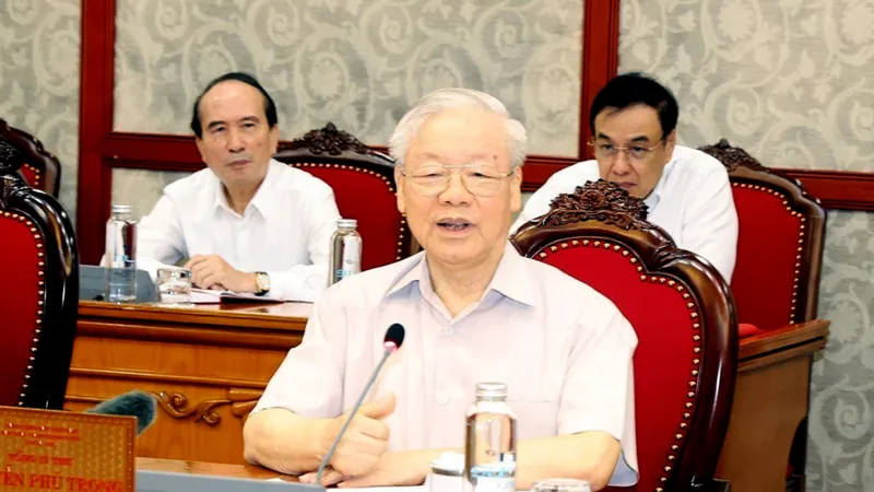 Tổng Bí thư Nguyễn Phú Trọng phát biểu kết luận cuộc họp. Ảnh: TTXVN
