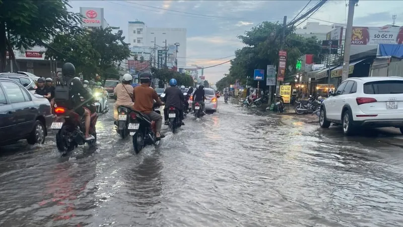 Đường Cách Mạng Tháng Tám, nằm ven sông Hậu thường xuyên bị ngập khi triều cường dâng cao
