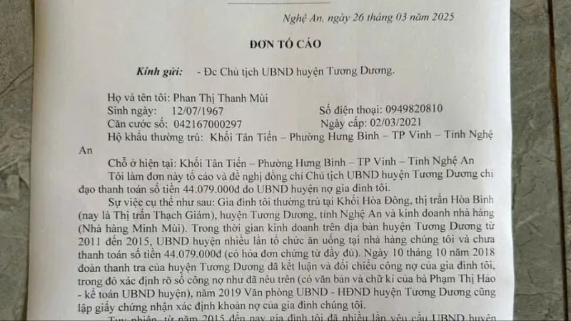 Văn phòng UBND huyện Tương Dương đã thanh toán tiền ăn uống 10 năm cho chủ nhà hàng