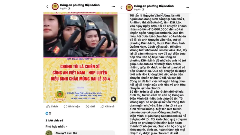 Công an Quảng Nam giúp người dân nhận lại 410 triệu đồng do chuyển khoản nhầm người lạ