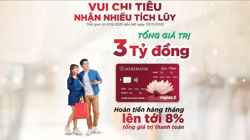 Tận hưởng ưu đãi hoàn tiền lên tới 8% khi dùng thẻ tín dụng nội địa Lộc Việt từ Agribank