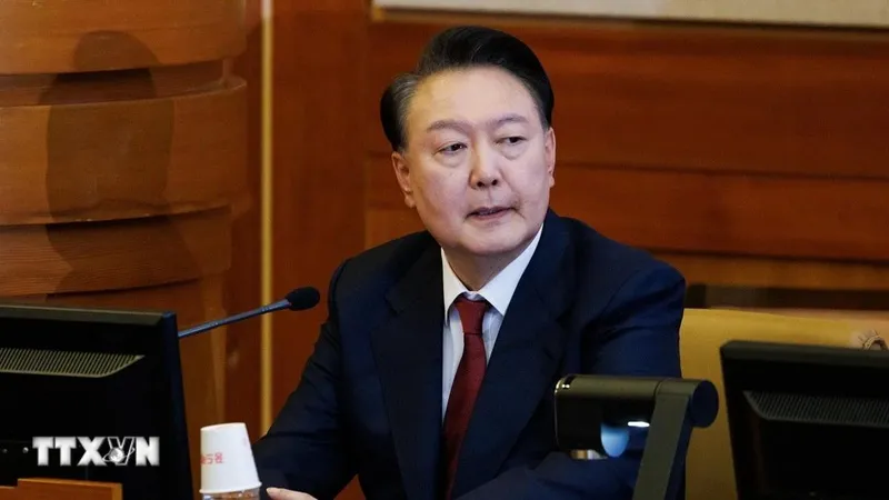 Tổng thống Hàn Quốc Yoon Suk Yeol tại Tòa án Hiến pháp ở Seoul, ngày 23-1-2025. Ảnh: THX/TTXVN