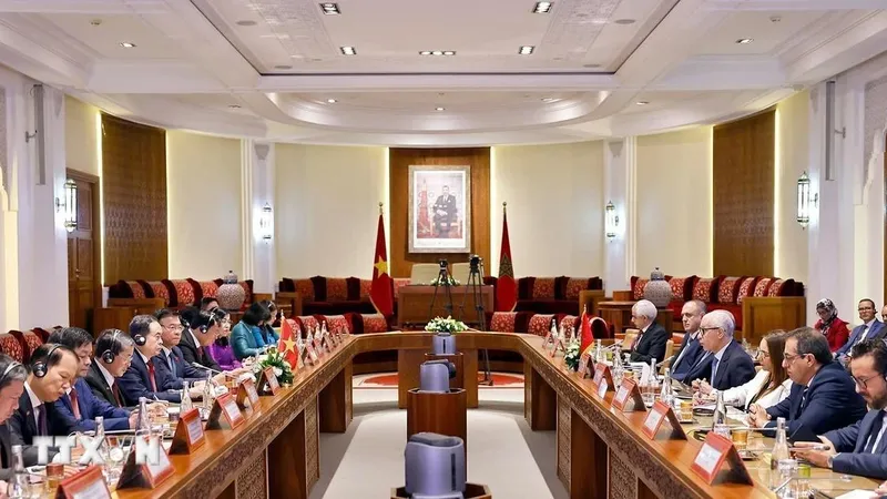 Chủ tịch Quốc hội Trần Thanh Mẫn hội đàm với Chủ tịch Hạ viện Marocco Rachid Talbi Alami. Ảnh: TTXVN