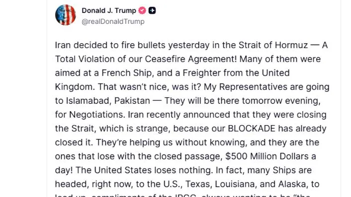 Tổng thống Donald Trump xác nhận nối lại đàm phán với Iran tại Pakistan trên mạng xã hội Truth Social. Ảnh: TRUTH SOCIAL