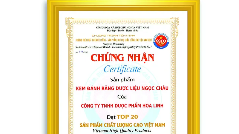 Kem đánh răng dược liệu Ngọc Châu đạt danh hiệu Sản phẩm chất lượng cao 2017