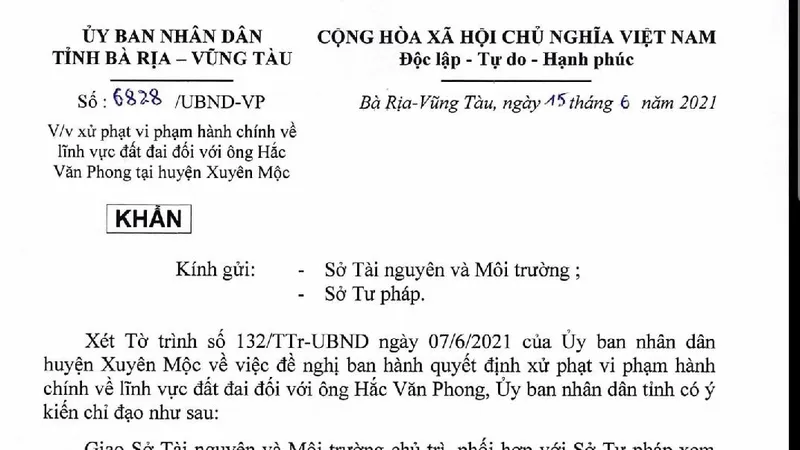 Tỉnh Bà Rịa-Vũng Tàu ra văn bản khẩn về việc xử phạt vi phạm hành chính ở huyện Xuyên Mộc 
