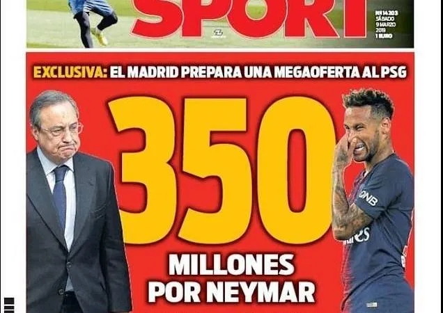 Chủ tịch Florentino Perez và Neymar trên trang bìa tờ Sport.