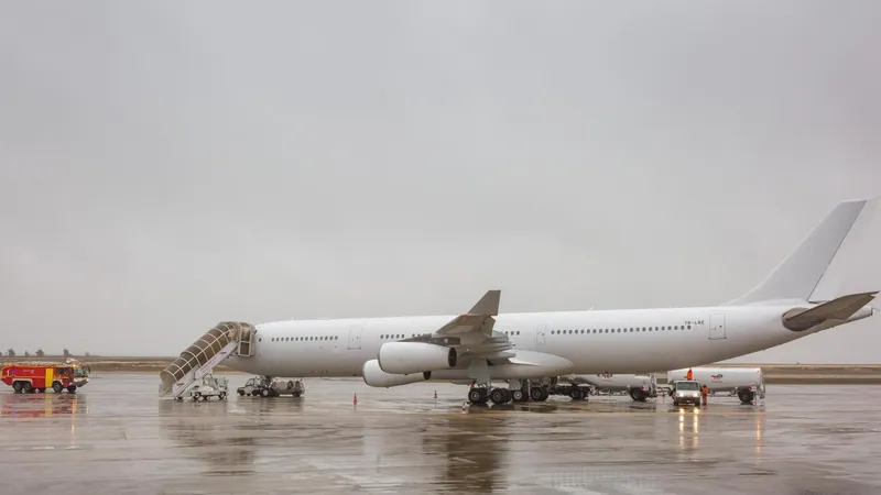 Chiếc A340, do công ty Legend Airlines của Romania khai thác, vẫn phải nằm trên đường băng tại sân bay Vatry chờ điều tra. Ảnh: AIRLIVE.NET