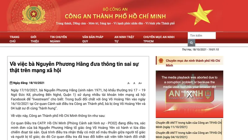 Công an TPHCM lên tiếng vụ bà Nguyễn Phương Hằng tố bị hành hung ở cơ quan điều tra