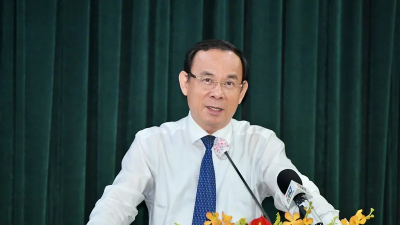 Bí thư Thành ủy TPHCM Nguyễn Văn Nên phát biểu chỉ đạo hội nghị. Ảnh: VIỆT DŨNG
