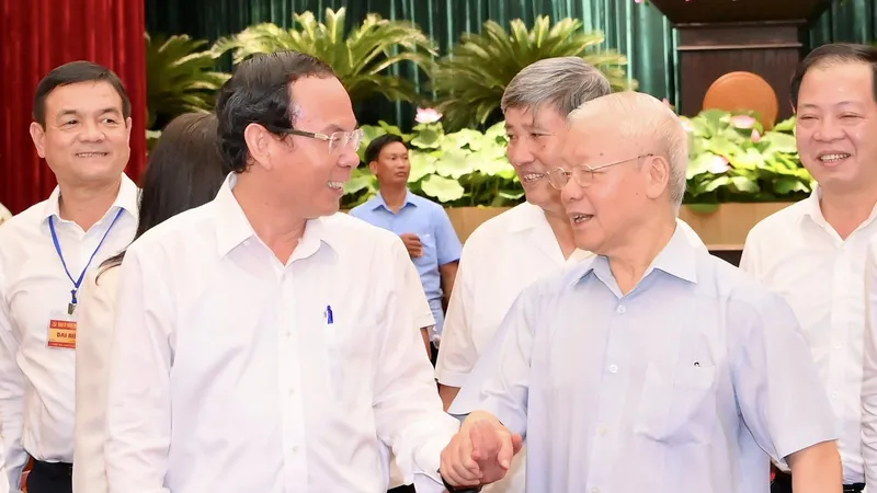 Tổng Bí thư Nguyễn Phú Trọng trong cuộc làm việc tại TPHCM. Ảnh: VIỆT DŨNG