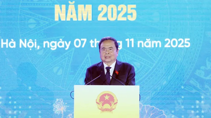 Chủ tịch Quốc hội Trần Thanh Mẫn phát biểu tại Lễ hưởng ứng Ngày Pháp luật nước Cộng hòa xã hội chủ nghĩa Việt Nam
