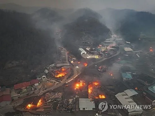 Lửa tấn công một ngôi làng ở Uiseong, cách thủ đô Seoul 180km về phía Đông Nam. Ảnh: YONHAP