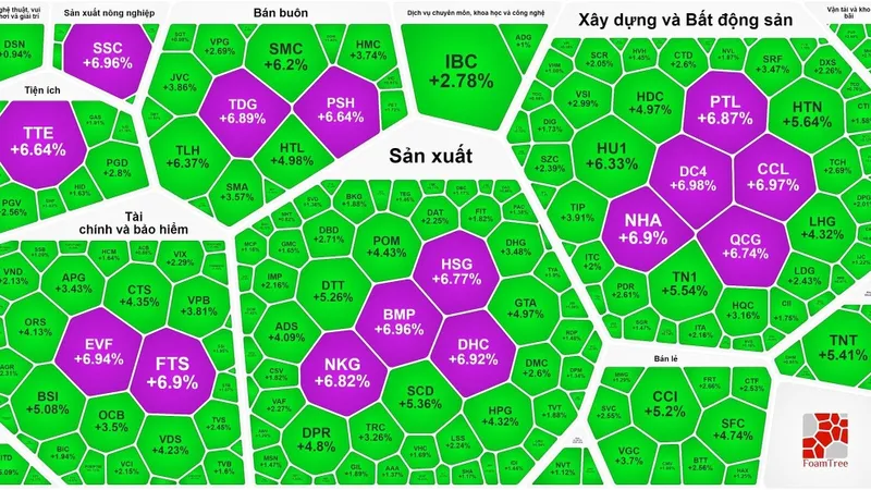 Thị trường ngập sắc xanh và tím trong phiên, VN-Index lập đỉnh mới 